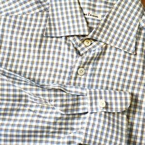 Kiton Men's Blue and Tan Check Button-Down Shirt